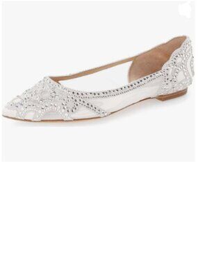 XYD White Pointed Toe Rhinestone Flats Mesh Slip-on Crystals Wedding Bride Shoes